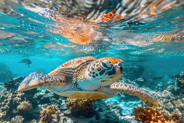 Obraz premium A turtle swimming in the ocean next to a coral reef