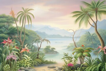 Fototapeta premium Painting of jungle border vegetation landscape outdoors.