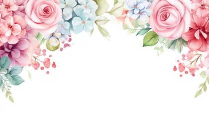 Watercolor floral border with pink roses and blue hydrangeas on a white background. Perfect for wedding invitations, greeting cards, and more.
