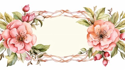 Watercolor floral frame with pink flowers, leaves, and branches on a white background. Perfect for invitations, greeting cards, and other designs.