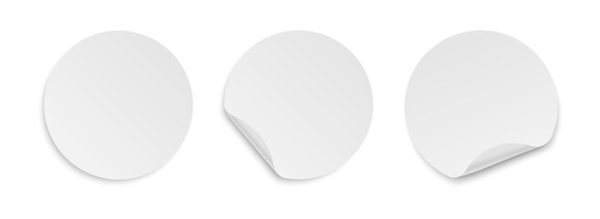 Blank round adhesive stickers set with curved corner. Realistic circle paper stickers with curved edges.  Empty mockup round sticky label. Vector illustration.