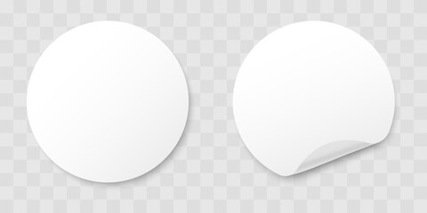 Blank round adhesive stickers set with curved corner. Realistic circle paper stickers with curved edges.  Empty mockup round sticky label. Vector illustration..