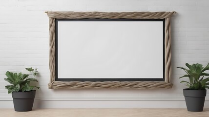 Mock up with white chalkboard on gray rustic wall background with rope border effect 