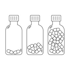 Set of linear medical bottles with pills, full, half filled and empty of drugs