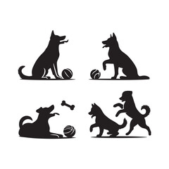 Dogs playing ball silhouette vector illustration. Set of pet silhouettes. Dogs with ball. Vector illustration