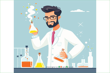 Scientist man in lab coat and glasses making experiment in chemical laboratory. Vector illustration. Scientist laboratory. Male in lab concept who making research.