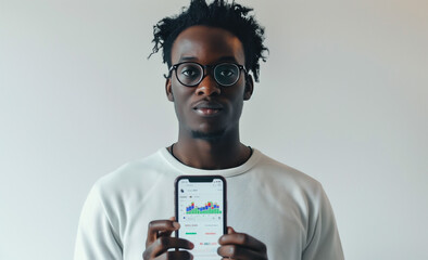 Black Man with Blue Glasses Using Stock Market App on iPhone