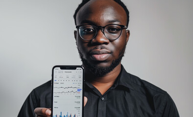 Black Man with Blue Glasses Using Stock Market App on iPhone