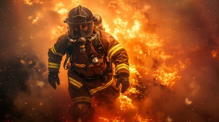 Fototapeta premium A firefighter in full gear battling a fire, with flames and smoke in the background, demonstrating bravery and heroism using AI Generative.