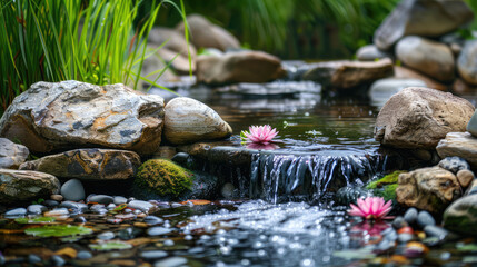 Closeup of lotus flower  in a river with small waterfall