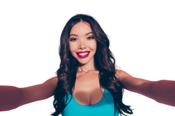 Self-portrait of nice cheerful cheery glad positive sweet adorable attractive glamorous gorgeous magnificent luxury wavy-haired lady red lips curls isolated over pink pastel background