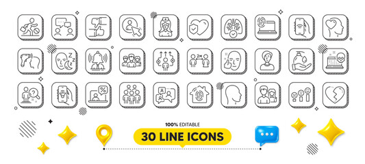 User, Businesswoman person and Like line icons pack. 3d design elements. Sleep, Broken heart, Teamwork web icon. Brand, Business way, Music app pictogram. Vector