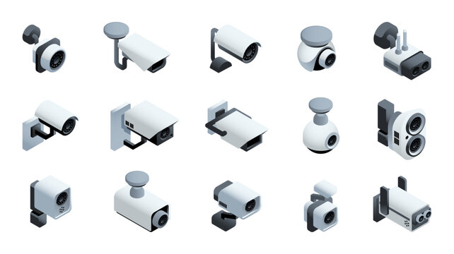 Set of isometric security cameras. Icons with different CCTV or surveillance cameras for property protection. Video monitoring and observation. 3D realistic vector illustrations isolated on background