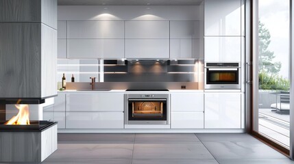 A contemporary kitchen with a minimalist design, featuring sleek white cabinets, a built-in oven, and a glass backsplash.