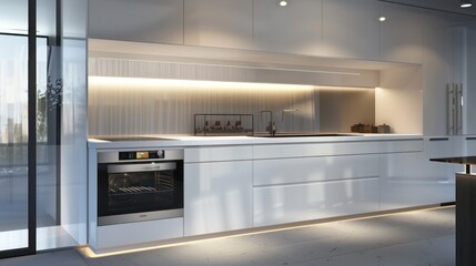A contemporary kitchen with a minimalist design, featuring sleek white cabinets, a built-in oven, and a glass backsplash.