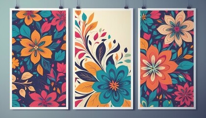 Set of three posters with multicolored abstract floral patterns created with generative ai.