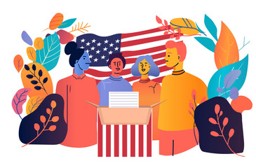US presidential election voters casting ballots diverse group of people standing around a ballot box with American flag and colorful leaves in the background