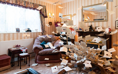 Fototapeta premium JAPAN - Nov 13, 2023: Hogwarts envelopes flying from fireplace around vintage style living room whimsical and enchanting at Warner Bros. Studio Tour Tokyo, The Making of Harry Potter