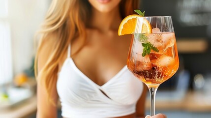 Fototapeta premium Aperol Spritz: Refreshing and vibrant, Aperol, prosecco, and a splash of soda water, garnished with an orange slice.