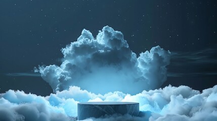 3D rendering podium with a blue round stage in the clouds on a dark night sky. product presentation, mock up, and display of products in the style of luxury brands or for advertising