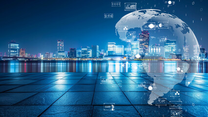 Futuristic city skyline at night with digital global network overlay