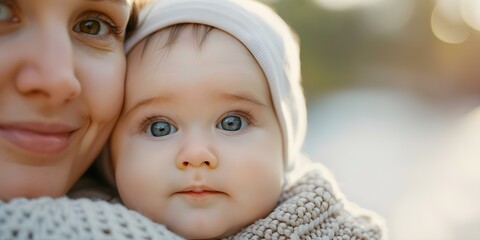 Focus on baby blurred mother background symbolizes postpartum challenges for awareness campaigns. Concept Postpartum Struggles, Motherhood Reality, Mental Health Awareness, Support Needed