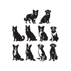 Set of vector black silhouettes of a labrador retriever dogs in different poses isolated on a white background. Lies, stands, sits, jumps, eats, barks,runs. Vector