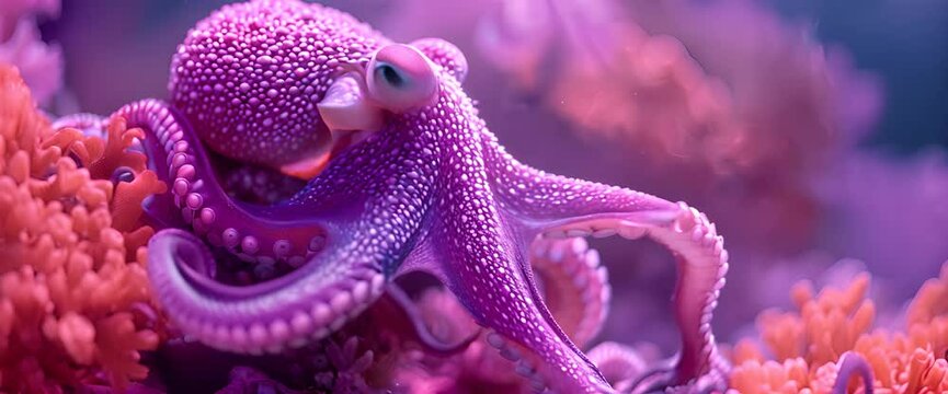 The magnificent octopus perfectly accepts the color of the purple coral reef demonstrating the skill of camouflage