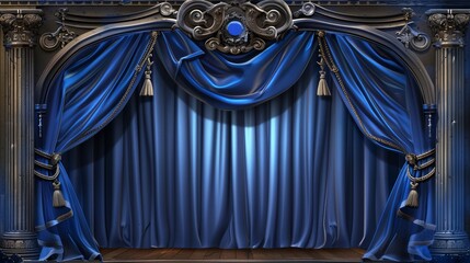 Closed blue curtain with circle spotlight on stage. Realistic modern backdrop with fabric waved drapery for a Broadway show or movie ceremony. Backdrop velvet tissue with light on stage.