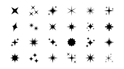 Set of original star sparkle shapes. Abstract shine effect vector sign. Retro futuristic bright vector icons collection. Glowing light effect, twinkle templates stars and bursts, shiny flash.