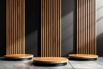 3 round podiums on the floor with a dark background containing wood slats. A minimalistic interior design mock up for product presentation in the style of product presentation.