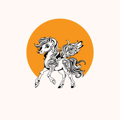 an elegant unicorn silhouette with an orange circle background