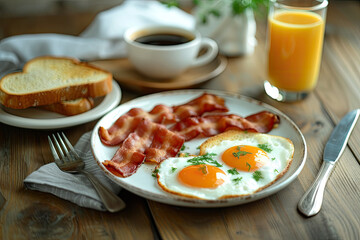 Delicious Plate of Fried Egg and Bacon with Coffee and Orange Juice on a Wooden Table