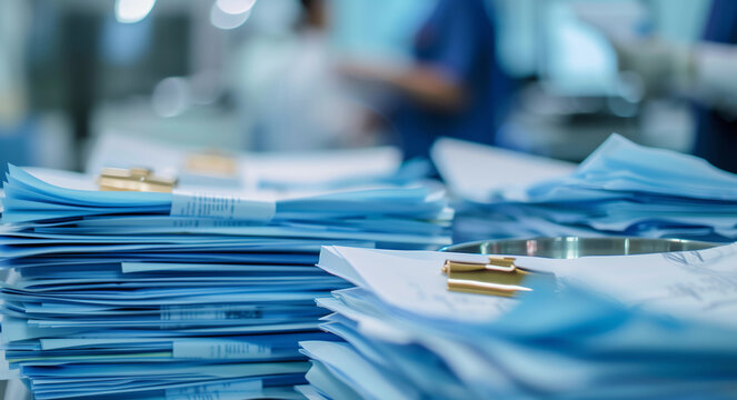  medical records, stack of medical records and stethoscope on on a desk, health information management Concept , collection of medical data being processed 