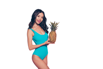 Portrait of cheerful cheery sweet gorgeous graceful charming adorable slim thin fit wavy-haired lady holding showing ananas in hands isolated over pink pastel background