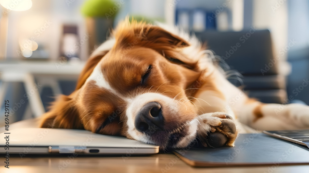 Sticker dog sleeping in business office like tired office worker. pet comfortably asleep on a table in a pet