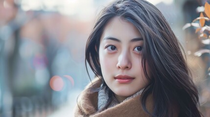 Serene young woman in winter city. Portrait of a calm and peaceful young woman in a winter city setting, wearing a cozy scarf.