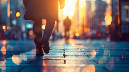 Fototapeta premium City walk at sunset. Person walking down a city sidewalk at sunset with glowing bokeh lights