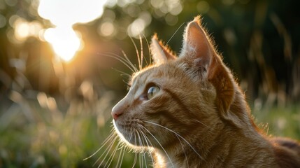 Golden hour cat portrait. A beautiful ginger tabby cat is bathed in the warm glow of the setting sun, creating a stunning portrait.