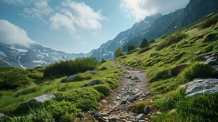 Naklejka premium Scenic mountain hiking trail with lush greenery. Discover the beauty of nature on this picturesque mountain hiking path, surrounded by vibrant green meadows and breathtaking mountain peaks.