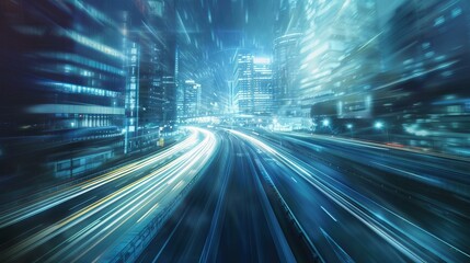 City night traffic speed. Blurred city lights and traffic on highway at night, modern urban transportation background.