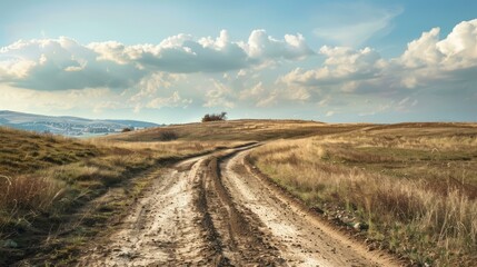 Fototapeta premium Dirt road through autumn fields. A winding dirt road cuts through rolling hills and golden fields beneath a cloudy sky in this serene autumn landscape.