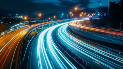 Night highway traffic light trails. Long exposure photo of cars driving fast on a highway at night with light trails