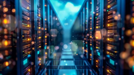 Data center server room with futuristic blue lights. Powerful servers with glowing lights in a modern data center, perfect for technology and cybersecurity projects.