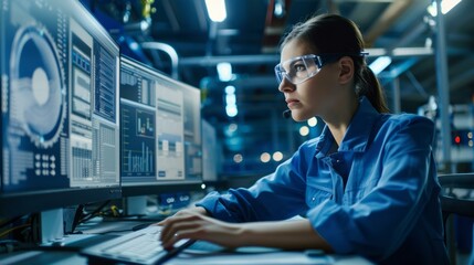 Fototapeta premium Female engineer monitoring manufacturing process on computer. Focused female engineer in safety glasses working on a computer in a modern factory control room