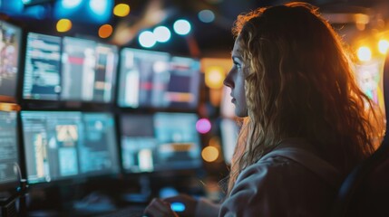 Focused female programmer working late night on multiple monitors. Woman working late in the office on a coding project, illuminated by the glow of multiple computer screens.