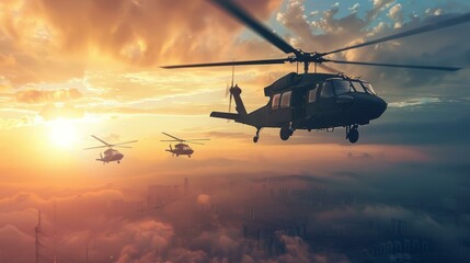 Military helicopters in sunset sky. Three military helicopters fly in formation against a vibrant sunset sky, conveying power, precision, and national defense.