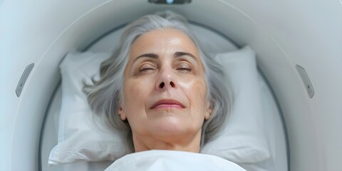 Scifi medical procedure rejuvenates elderly woman in healthcare facility. Concept Science Fiction, Medical Procedure, Rejuvenation, Elderly Woman, Healthcare Facility