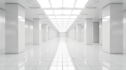 A modern and sleek white corridor designed with minimalist style and LED lighting, creating a futuristic atmosphere