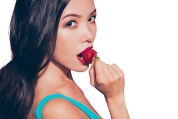 Close-up half turned portrait of nice lovely sweet feminine glamorous charming winsome attractive wavy-haired lady eating biting licking tasting enjoying dessert red lips isolated over pink background